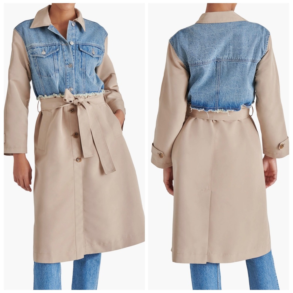 Steve Madden Trench Coat Womens L Tan Blue Denim Mixed Media Frayed Duster